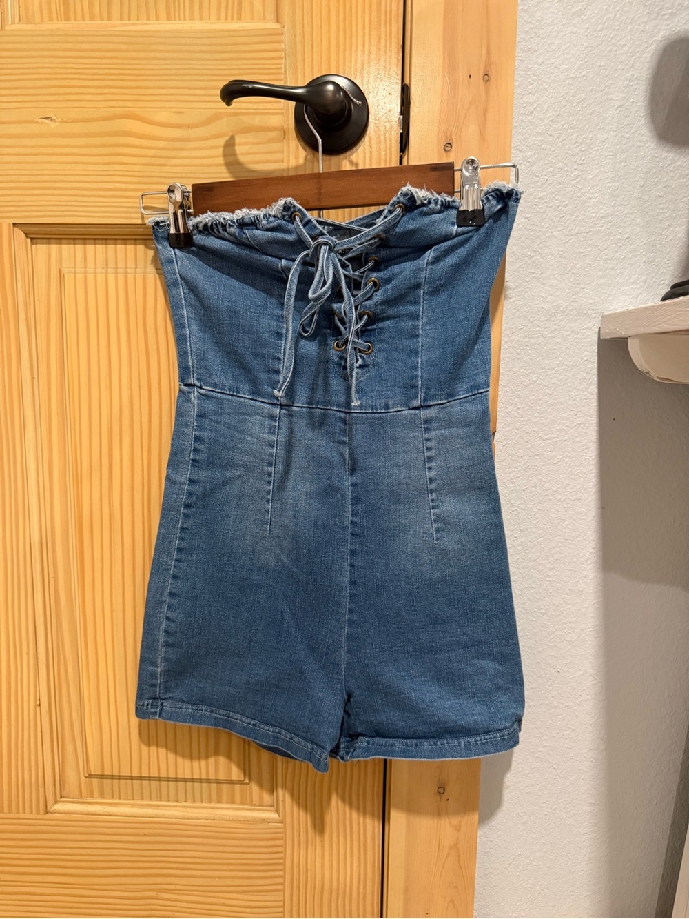 Fashion Nova Denim Lace-Up High-Waist Romper